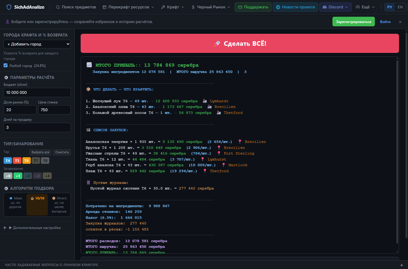 Ленивый крафтер Albion — сортировка по эффективности фокуса